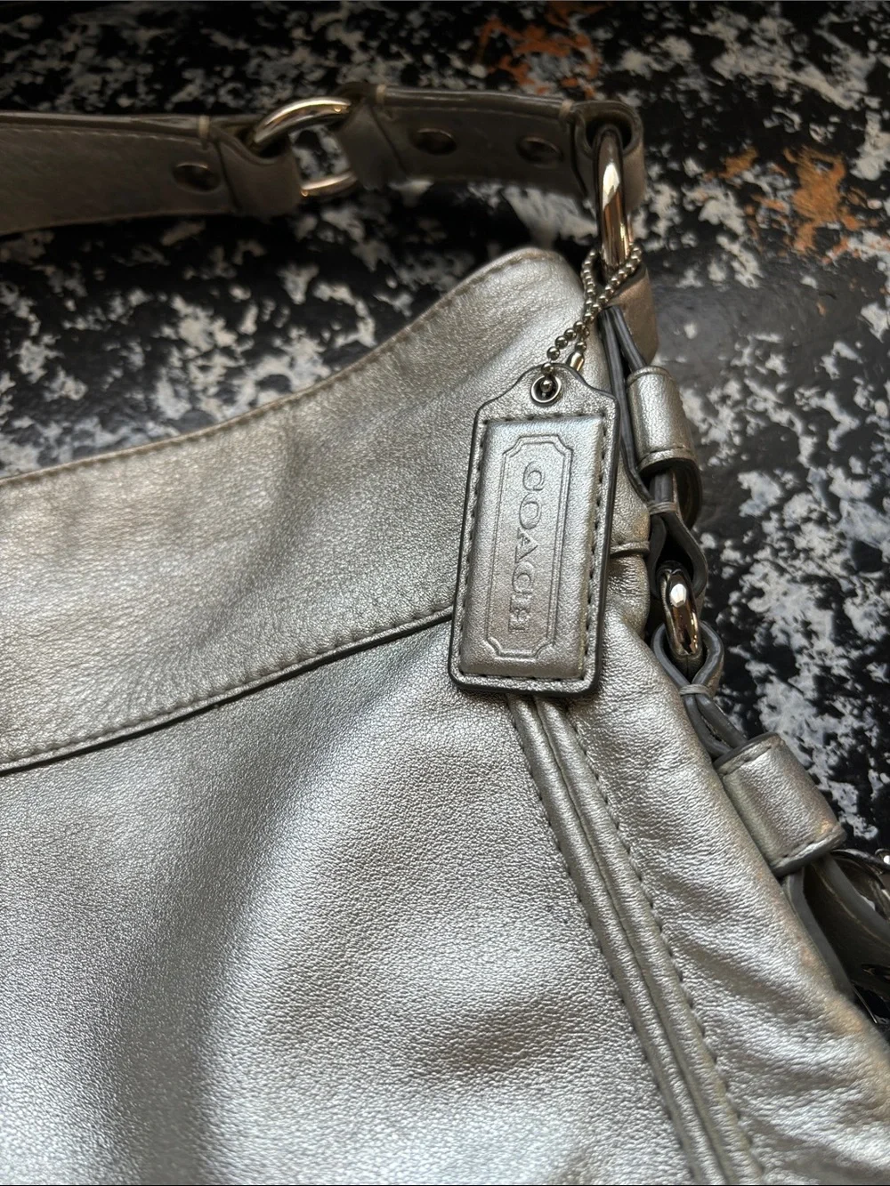 Coach Metallic Silver Leather Zoe Hobo Shoulder Bag